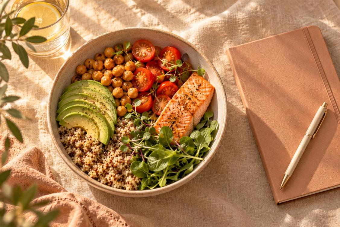 Bol repas équilibré : quinoa, avocat, pois chiches, tomates, saumon et jeunes pousses