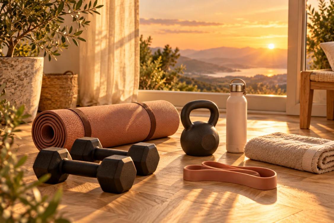 Matériel de coaching sportif à domicile : haltères, kettlebell, tapis et élastique